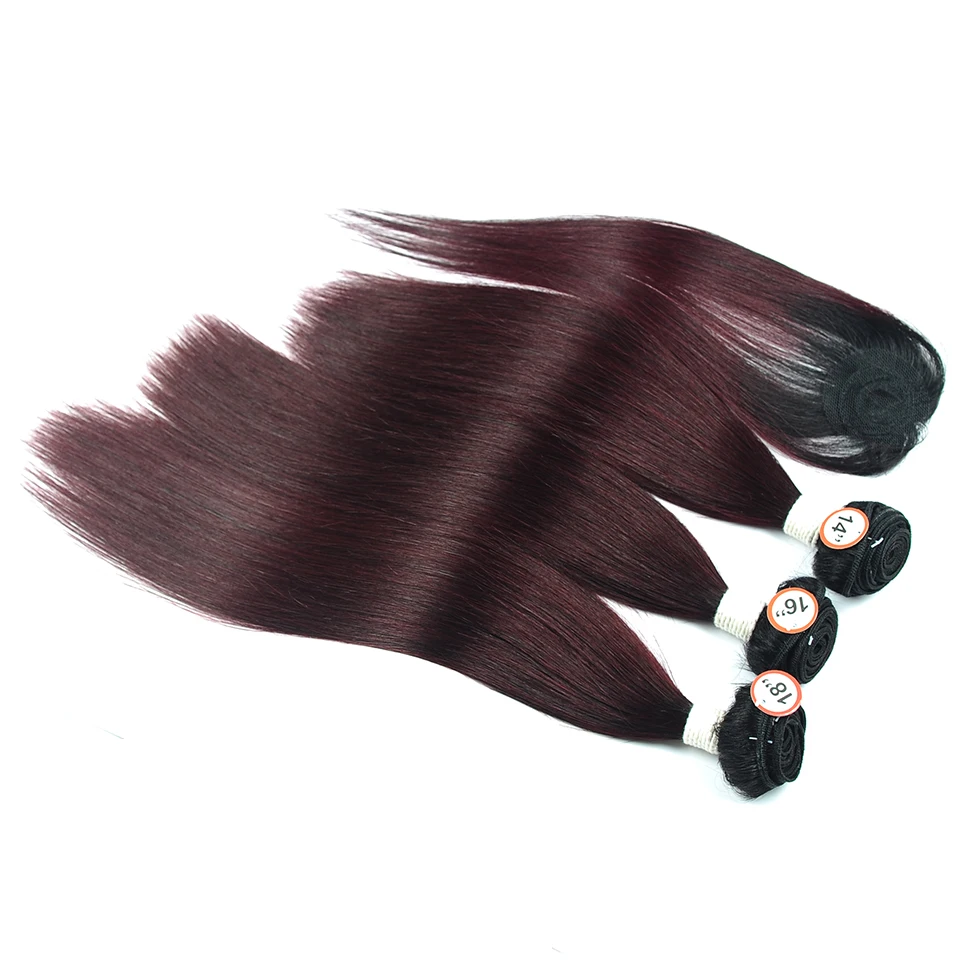Pinshair 1B 99J Hair Brazilian Straight Ombre Bundles With Closure Burgundy Red Wine 100% Human Hair Weave Non Remy Pre-Colored (10)