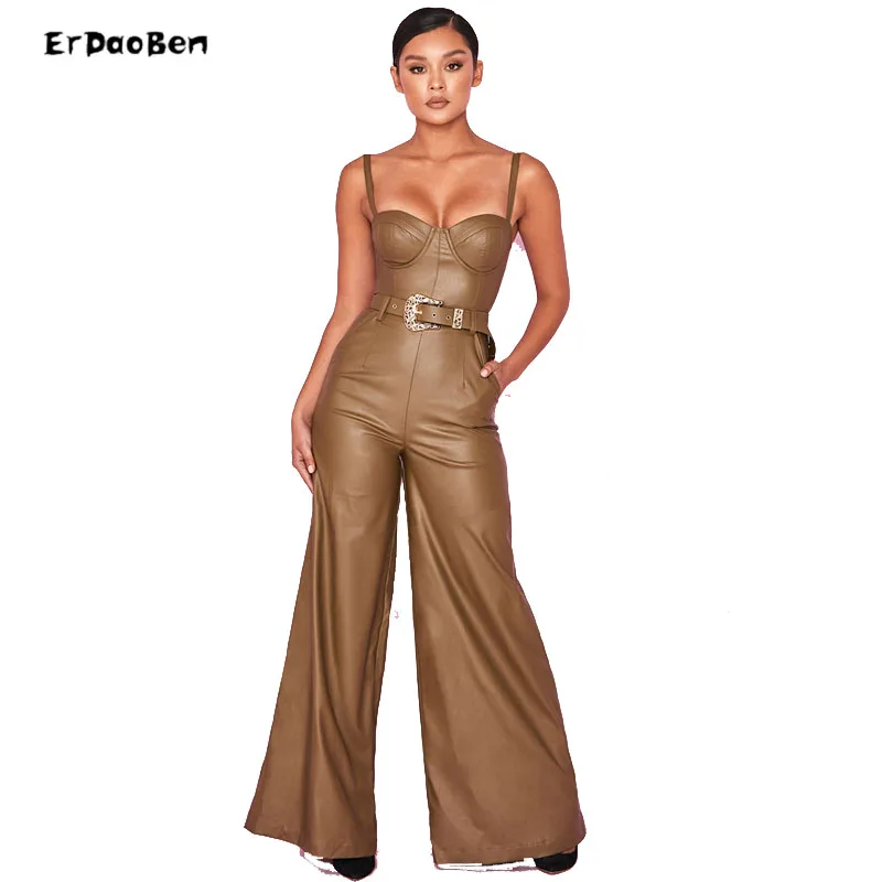 

ERDAOBEN Olive Green Bodycon PU Leather Jumpsuit High Quality Women Summer Spaghetti Strap Sexy Night Party Jumpsuits SP3083