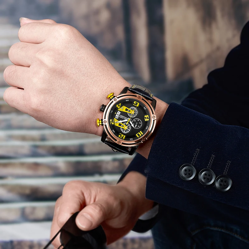MEGIR Men's Genuine Leather Quartz Sports Watches Top Brand Luxury Military Stop Watch Waterproof W