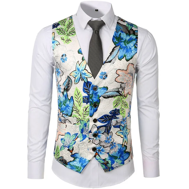 Mens Floral Print Suit Vest Men Slim Fit Single Breasted Vest Waistcoat
