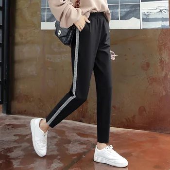 

2020 Korean autumn and winter new ladies side white straight leg wide leg pants loose student casual pants QT012