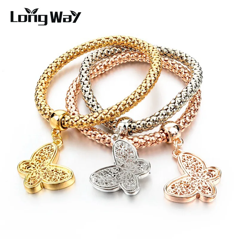 LongWay Butterfly Charm Náramky pro ženy Vánoční zlaté barvy Křišťálové náramky a náramky Elastické řetízkové šperky SBR150161  t