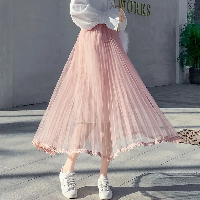 Nantersan новые женские юбки Кружевная строчка сетчатая юбка в складку Корейская Высокая талия пышная Пышная юбка