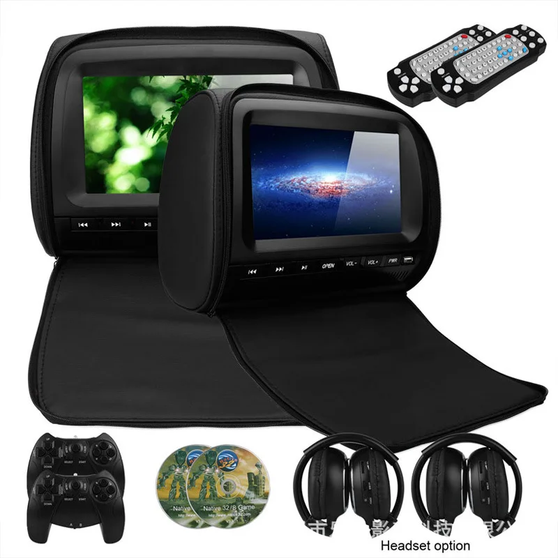 2PCS 9 Inch Car Headrest Monitor DVD Video Player 800*480 Zipper Cover TFT LCD Screen Support IR