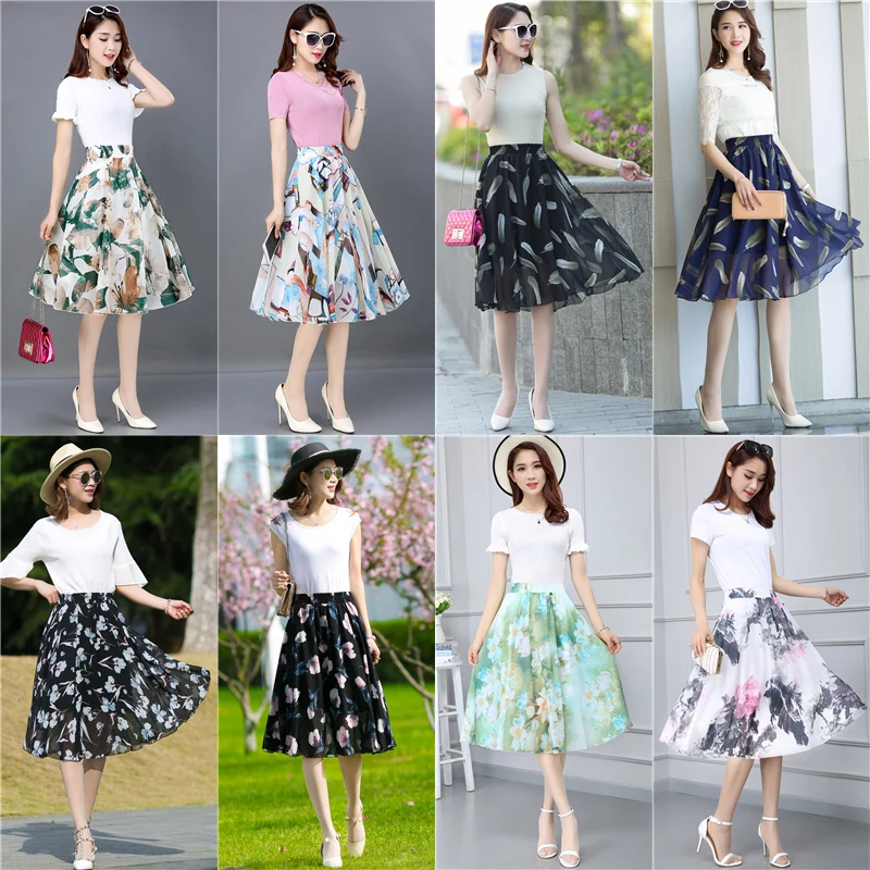 

28 Color 2019 Spring Summer New Vintage High Wasit Elasticity Pleated Chiffon Skirt Casual Boho A-line Floral Skirts Women X842