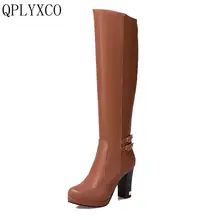 QPLYXCO/ г. новая распродажа, большие размеры 34-43, зимние Стильные теплые сапоги на высоком каблуке женские сапоги до колена высокое качество, 3332