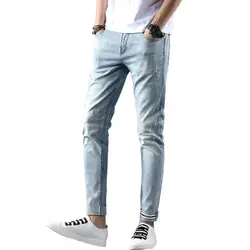 Мужская мода тонкий прямой ноги полной длины джинсы талии длинный синий DenimTrousers рваные Высокая растянуть классические джинсы AA11479