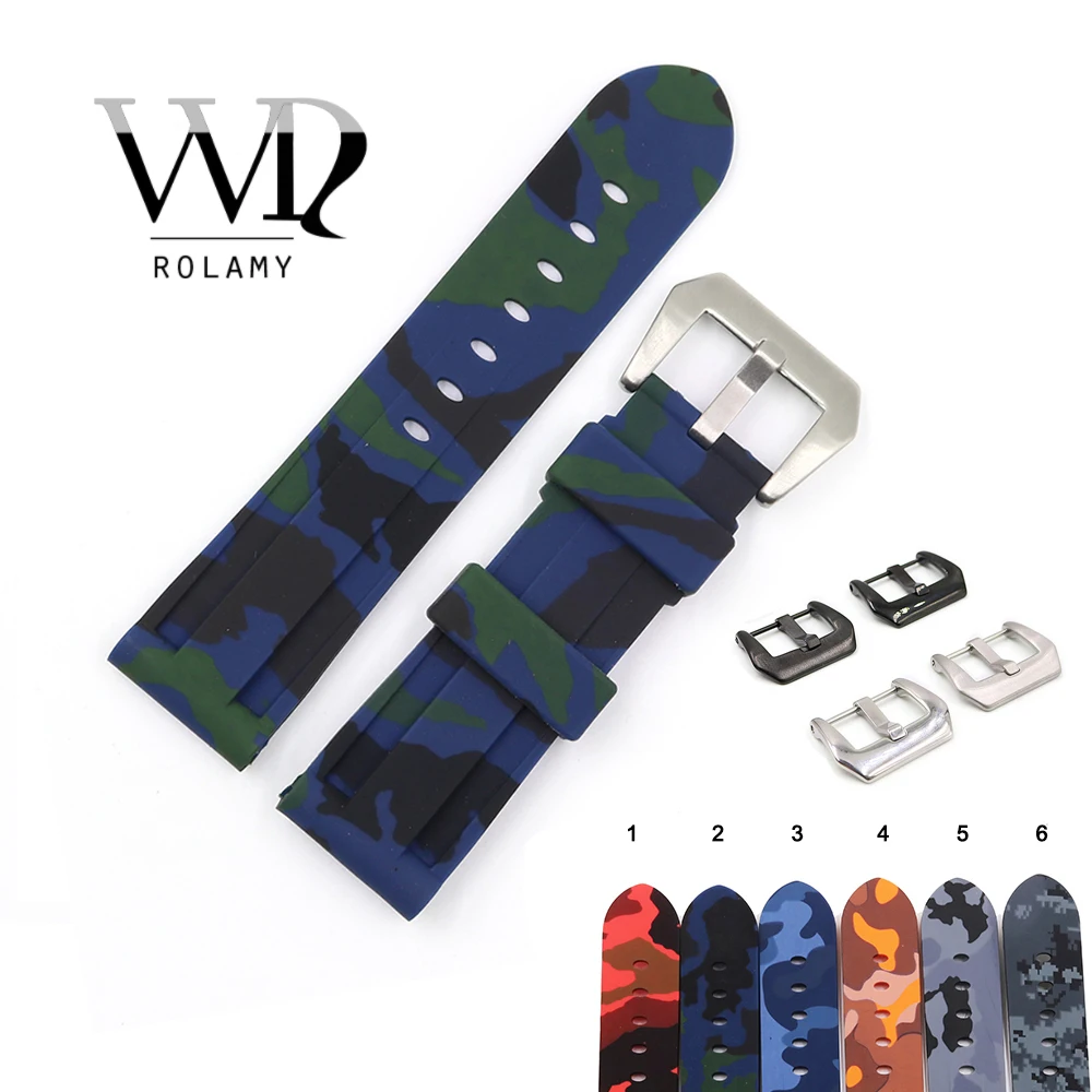 

Rolamy 22 24mm Camo Green Blue Black Waterproof Silicone Rubber Replacement Watch Band Loops Strap For Panerai Luminor