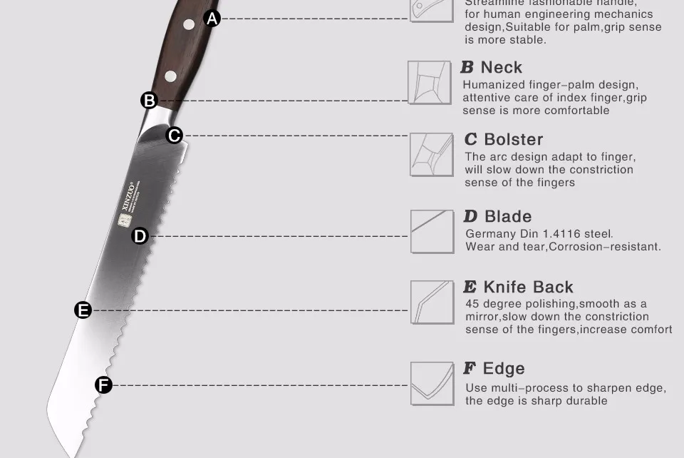XINZUO " дюймовый нож для хлеба, немецкий 1,4116, нож для торта из нержавеющей стали, кухонные ножи высокого качества, кухонные инструменты с ручкой из розового дерева