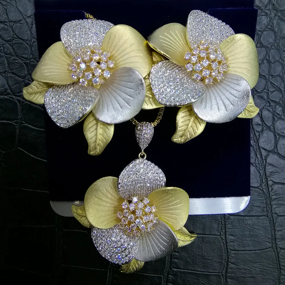 

GODKI Luxury Exclusive 2 Tone Flower Luxury Women Wedding Naija Bridal Cubic Zirconia Necklace Earring Dubai High Jewelry Sets