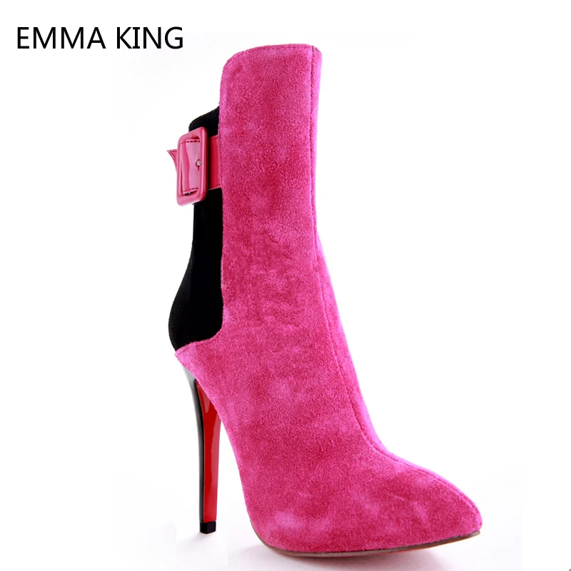 

Fuchsia Sheepskin Ankle Boots For Women Buckle Stiletto Sexy High Heels Shoes Ladies Pointed Toe Kid Suede Upper Boots With Zip