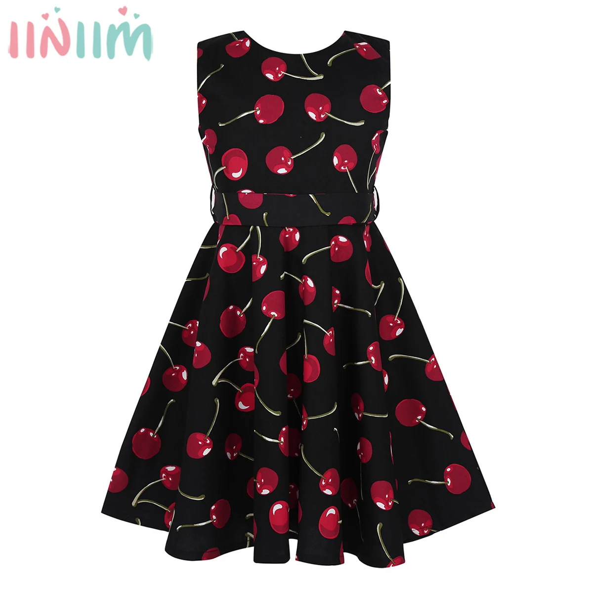

iiniim Girls Evening Party Dresses Kids Teenage Cherry Printed Swing Princess Dress for Girls Summer Dress Communie jurk meisje