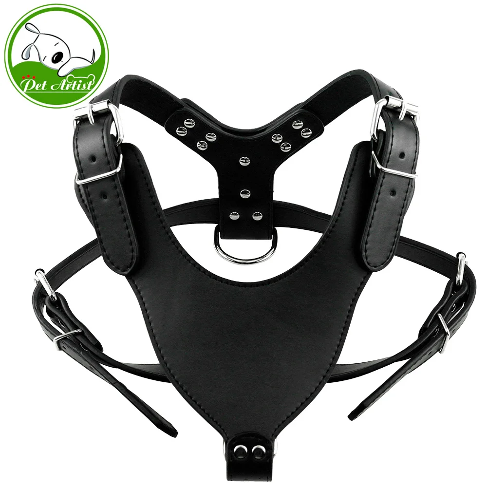 Cool Black Plain Pu Leather Large Dog Pet Harnesses For Pitbull Golden