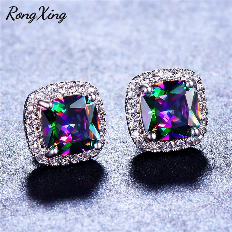 RongXing Mystic Rainbow Fire Birthstone квадратные серьги гвоздики для женщин серебристый цвет ААА