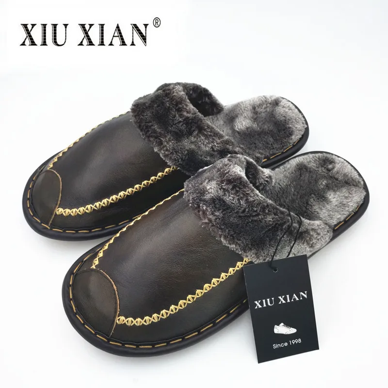 Download Genuine Leather Luxury Flannel Winter Slippers Top Quality ...
