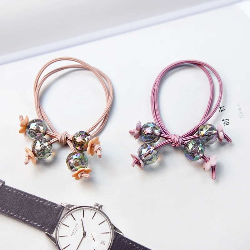 

2019 Korea Fashion 4 Crystal Beads Pendant Two Strands Knot Handmade Children Elastic Hair Band Ponytail Girls Hair Accessories