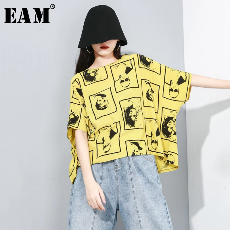 

[EAM] 2019 New Spring Summer Round Neck Short Sleeve Print Pattern Personality Loose Big Size T-shirt Women Fashion Tide JX708