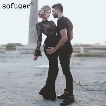 

Sofuge Black Long Sleeve Evening Dresses Black Lace Appliques Mermaid Saudi Arabic Muslim Special Occasion Party Formal Dress