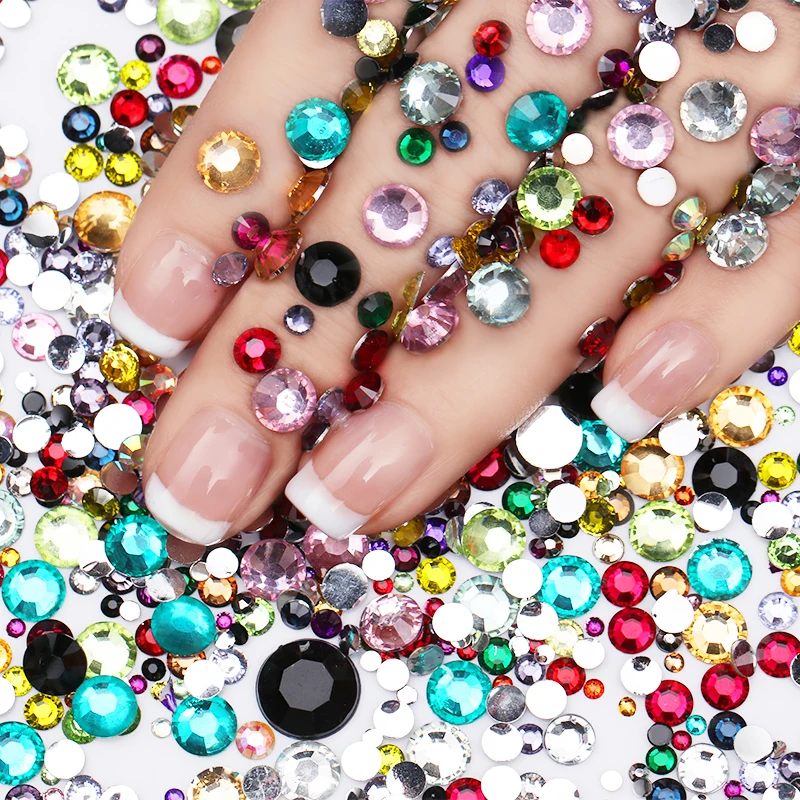 2000Pcs 3D Nail Rhinestone Flat Back Mixed Size Round Shiny Non Hotfix Stones Art Decoration Colorful Accessories | Красота и