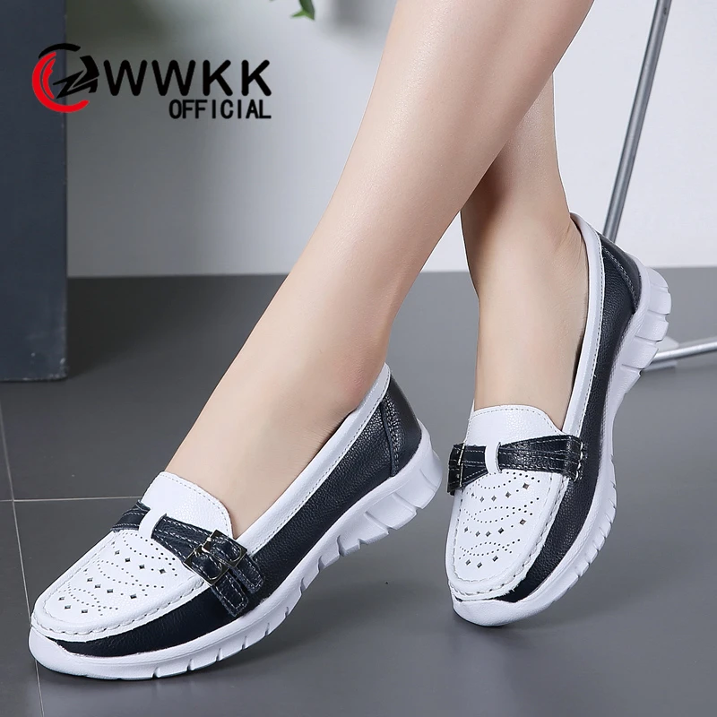 

WWKK 2019 Autumn Women Shoes Flats Leather Shoes Woman Slip-on Female Ballet Ballerines Ladies Flat Loafers Moccasins Boat Shoes