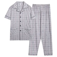 Летние хлопковые пижамы для мужчин короткие топы+ длинные брюки пижамы Turn-Down Воротник Плюс Размер L-3XL Pijamas пижамы, одежда для отдыха мужские s