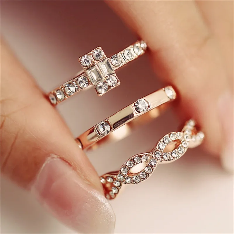 

AY Engagement Wedding Female Rings Fashion Geometry Intersect Crystal Rings Set For Women Girls Party Jewelry Gifts 3Pcs/Set