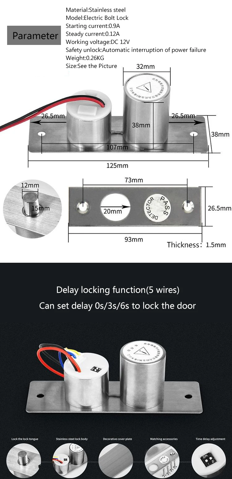 Mini Electric Bolt Lock Stainless Steel Access Control System electric magnetic glass door lock drop bolt deadbolt delay time