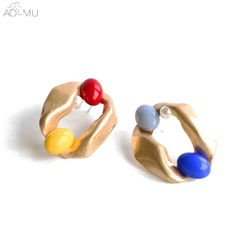 

AOMU 2019 New Design Creative Fun Colorful Candy Contrast Color Metal Gold Geometric Asymmetric Big Stud Earrings for Women