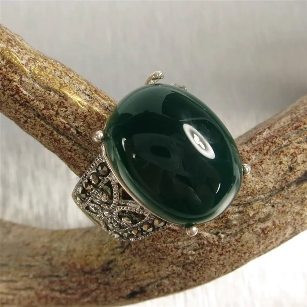

11505 Elegant Handmade Green Jade Marcasite Large Ring