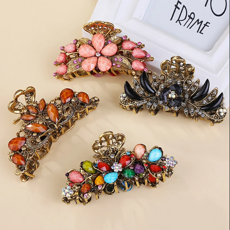 2 PCS Vintage Retro Big Flower Rhinestone Crystal Hair Claws Metal Anitque Hair Clip For Women