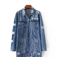 Осень Зима Новые Модные женские джинсовые пальто с отверстиями и длинными рукавами однобортные джинсы в европейском стиле