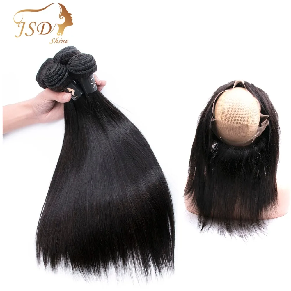 

JSDShine Straight Human Hair Bundles With 360 Lace Frontal 3 Bundles Remy Brazilian Hair Weave Bundles With 360 Closure