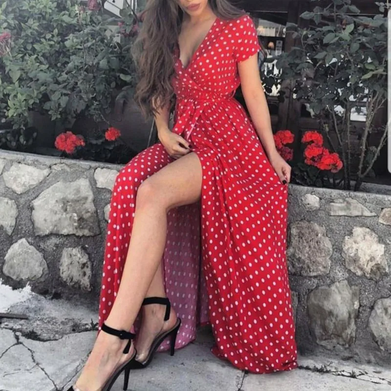 

Summer Women Long Dresses 2019 New Wave Point V Neck Lacing Sexy Dress Ladies Beach Holiday Club Casual Fashion High Waist Dress