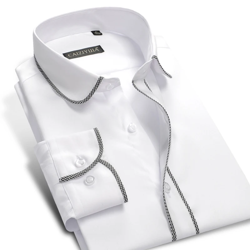 2016 Mens Long Sleeve Slim Fit Black White Plaid Edge Dress Shirt 100 Cotton No Iron