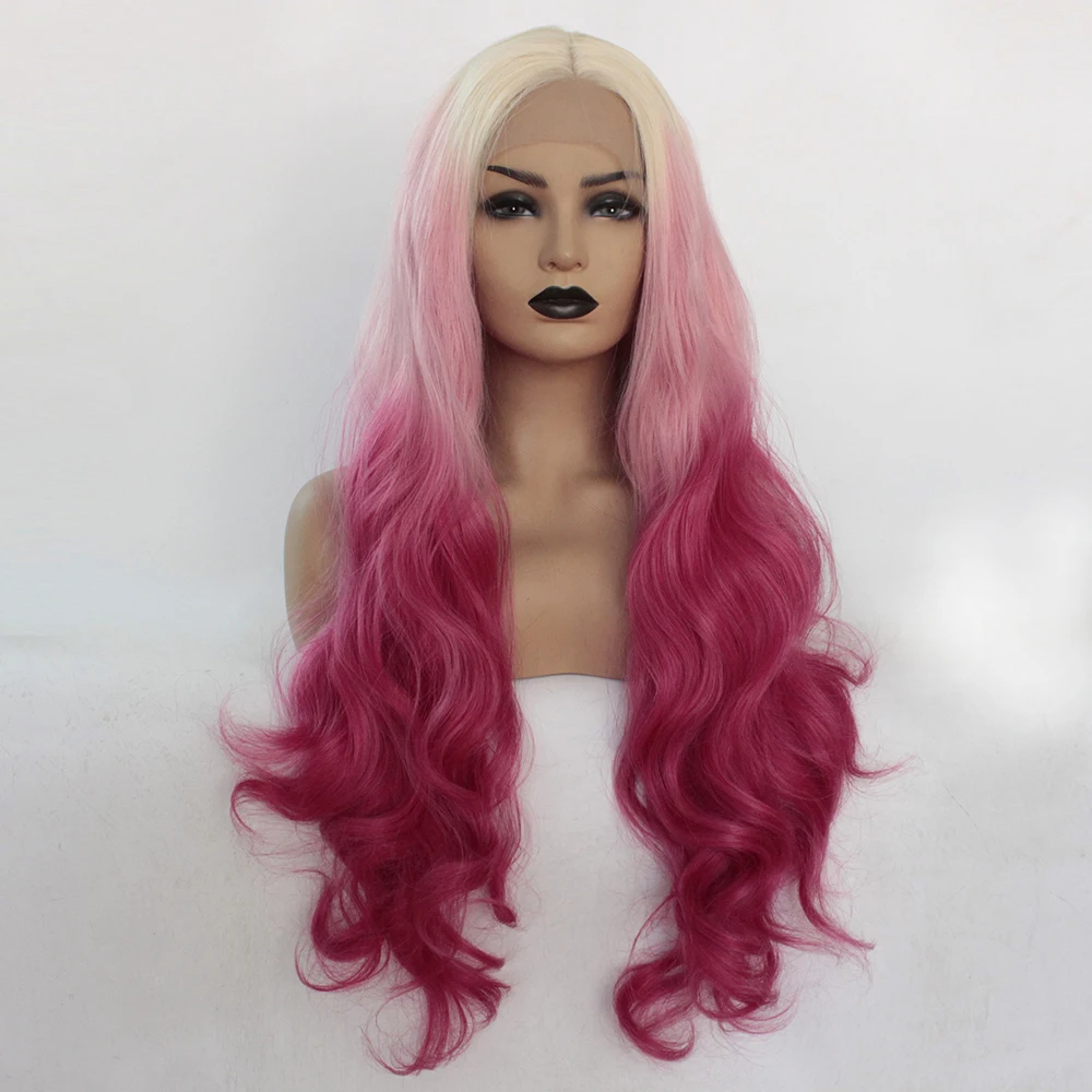 Blonde Ombre Pink Lace Front Wig Synthetic Long Body Wave Wavy Fancy Female Wigs-1