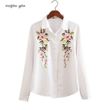 nvyou gou Floral Embroidered Blouse Shirt Women Slim White Tops Long Sleeve Blouses Woman Office Shirts Size S-2XL