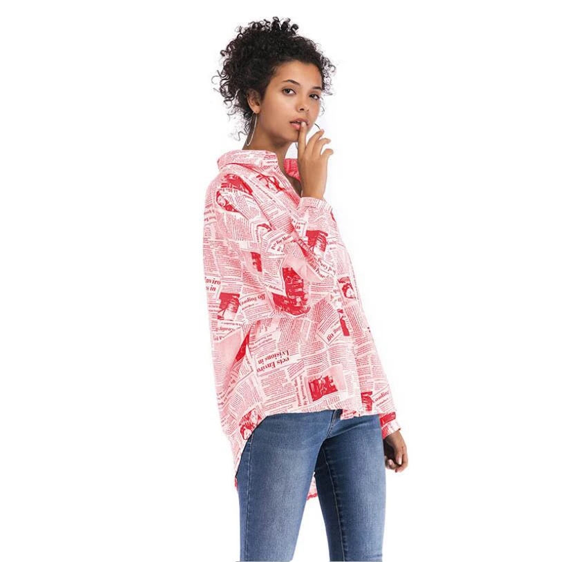 

Summer Spring Stylish Design Women Letters Newspaper Printing Shirt Loose BF Style Fashion Casual Shirts Long Sleeve Tops