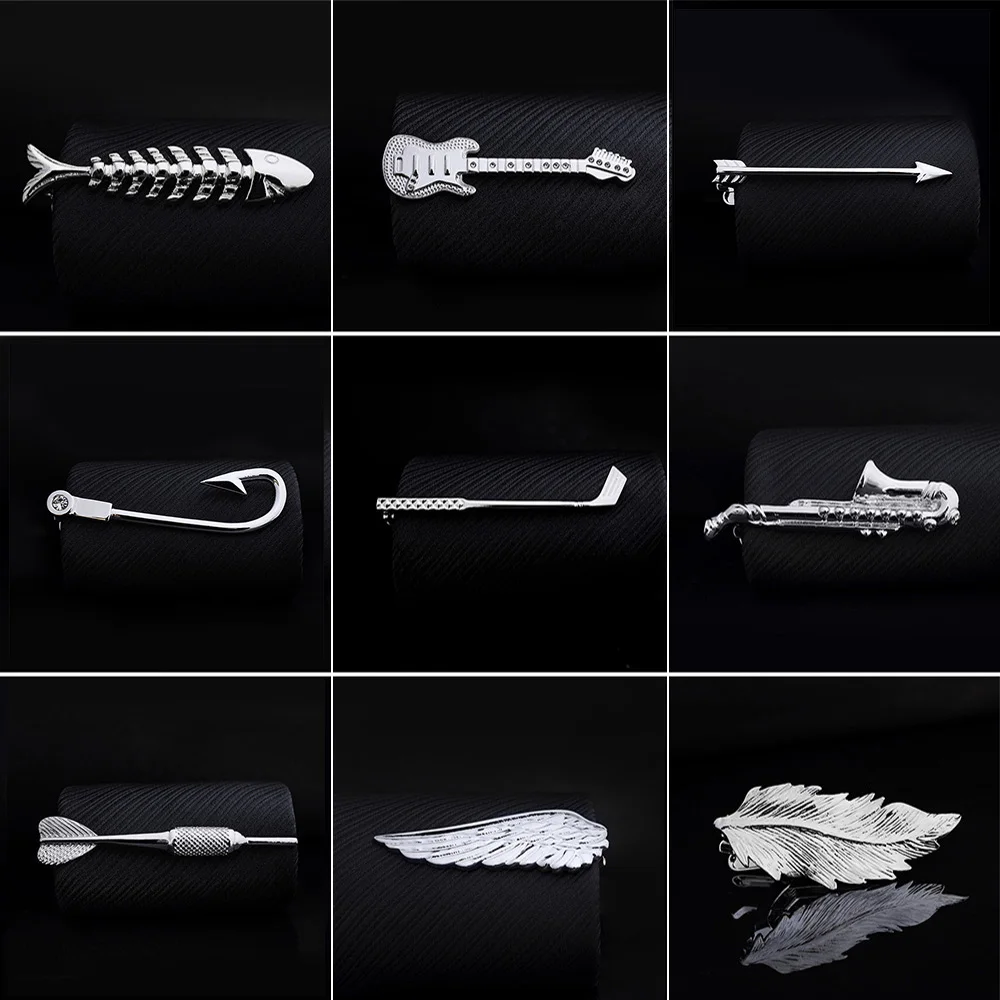 

1Pc Men Tie Clip Fish Bone Leaf Guitar Feather Saxophone Multiple Styles Silver Tone Metal Tie Clip Tie Bar Necktie Clips Gifts