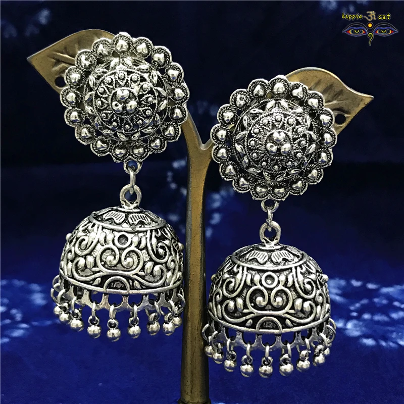 Jhumka индийские женские ювелирные изделия Цыганская Мода хиппи большие серебряные серьги с кисточками для женщин