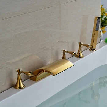 

Golden Polished Bathtub Faucet 5 pcs Widespeared Tub Shower Faucet Waterfall Basin Sink Faucet Mixer Tap Cold and Hot Water Taps