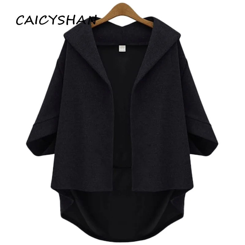 

New Autumn Women Coats Plus Size Fashion Casual Loose Solid Three Quarter Hooded Woolen Blend Coat For Women Large Outerwear 5XL