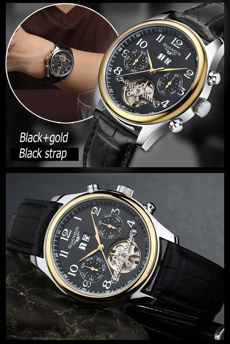 Роскошные часы для мужчин Лидирующий бренд GUANQIN сапфир механические водонепроницаемые Авто механические часы модные мужские наручные часы