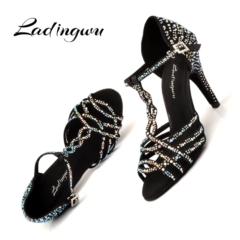 Ladingwu Dance Shoes Salsa Women Black Apricot Silk satin Latin Dance Shoes Shine Rhinestone Ballroom Shoes Dance Soft Bottom