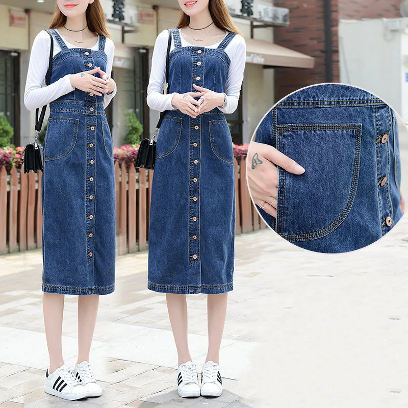 

Korean Women Denim Sundress 2019 Spring Autumn Long Sunspender Dress Single Breasted Casual Vestido Summer Sling Denim Dress