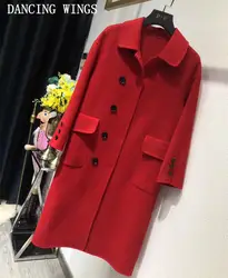 Осень-зима Для женщин шерстяное пальто классический красный Двусторонняя кашемировое пальто элегантный Однобортный Для женщин длинные
