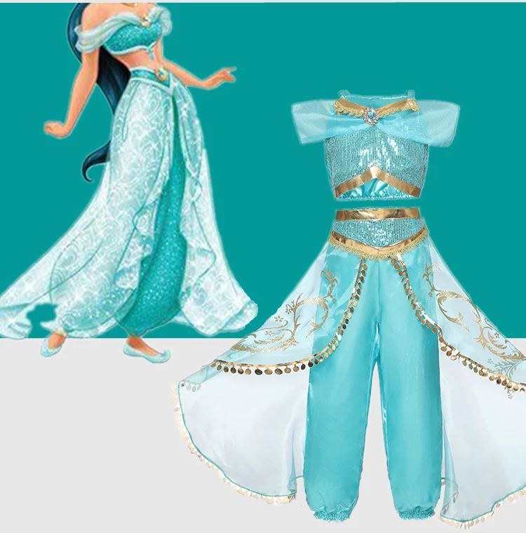 

Princess Jasmine Costume Christmas Children Dresses Cosplay Costume Jasmine Princess Dresses For Girls Elsa Role Costume 4-10T