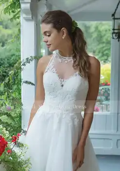 2019 Wedding Dress Tulle Gowns White Jewel Neckline A-Line Gown Keyhole Backless Floor Length Vestidos de novia Vintage