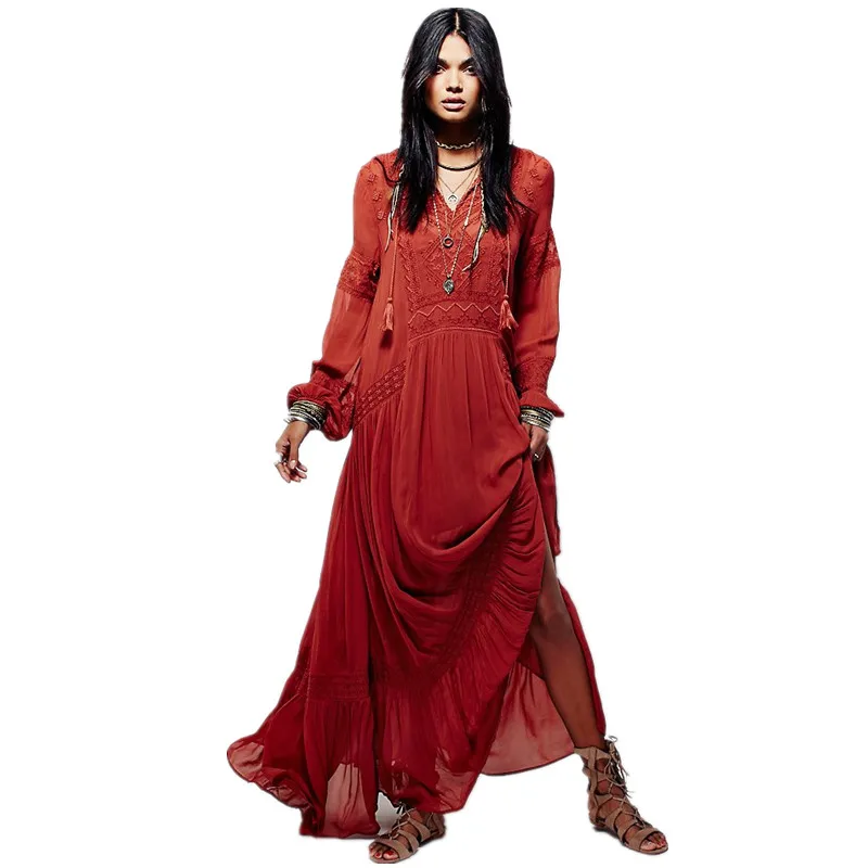 

New Vintage Party Dress Women's Fall Boho Embroidery Bohemian Split Maxi Long Dresses People Hippie Loose Dress