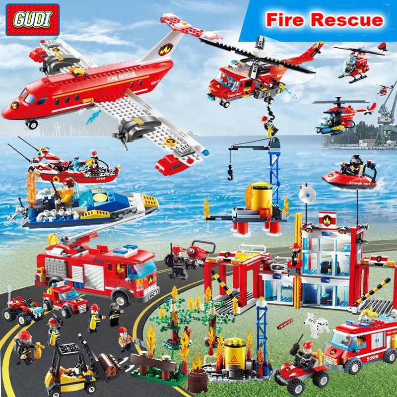 

GUDI Blocks Large Fire Rescue Compatible Legoed Building Block Fire Station Helicopter Truck Block Toys For Children Boys Gift