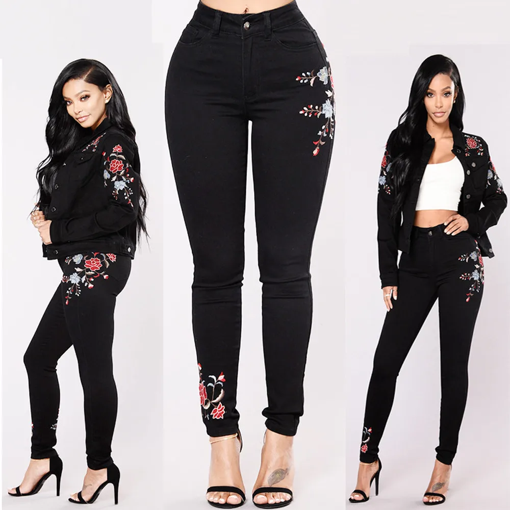 

NEW Fashion Women High Denim Pants Ladies Embroidered Jeans Trousers Waist Floral Pencil #30